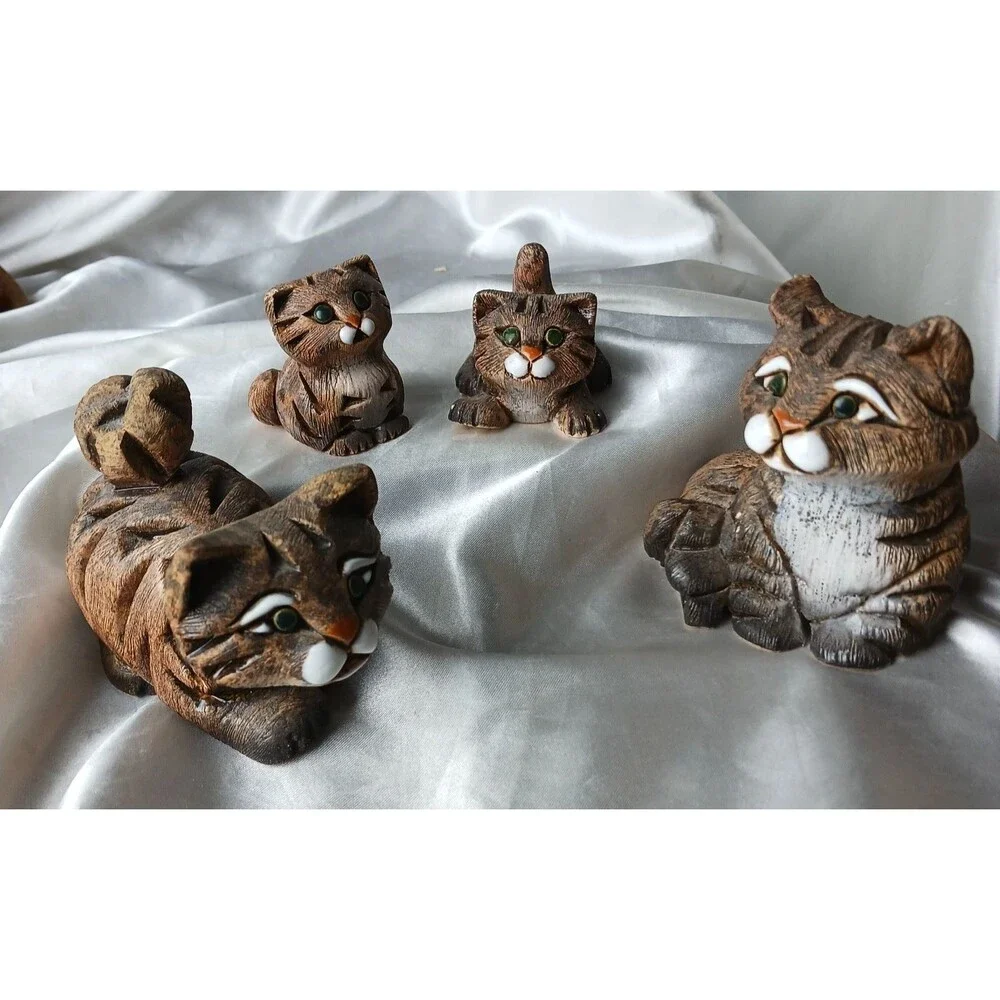 Vintage Artesania Rinconada Art Pottery Hand Crafted Clay 4 Figurines-TABBY CATS